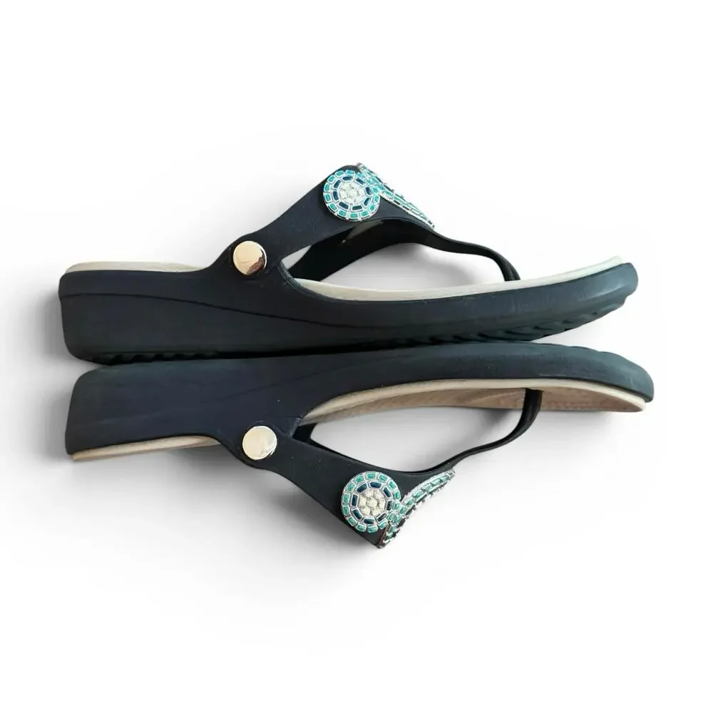 Crocs Women's Sanrah Diamante Navy Wedge Flip Sandals Studded Accent Size 11 - Picture 7 of 10